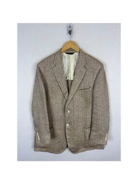 Samuelsohn Italy Mens 46R Linen Blazer Herringbone Sport Coat Tan Brown